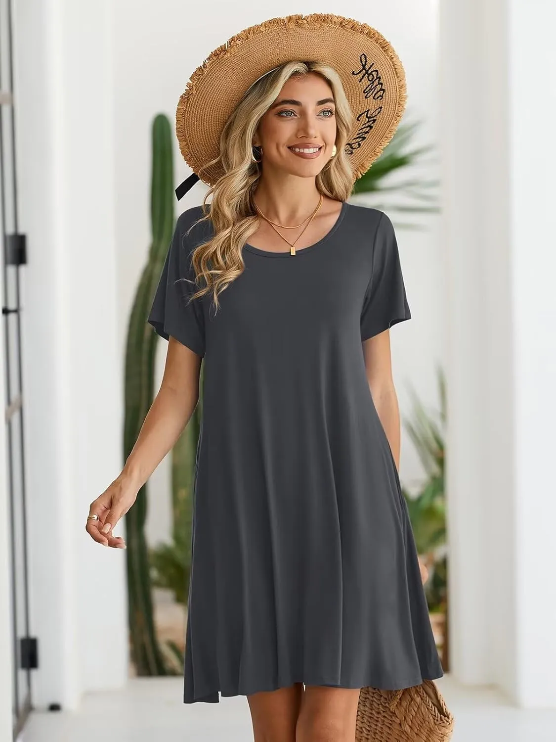 BELAROI Womens Summer Casual T Shirt Dress Loose Swing Tunic Dress Short Sleeve Sundress with Pockets