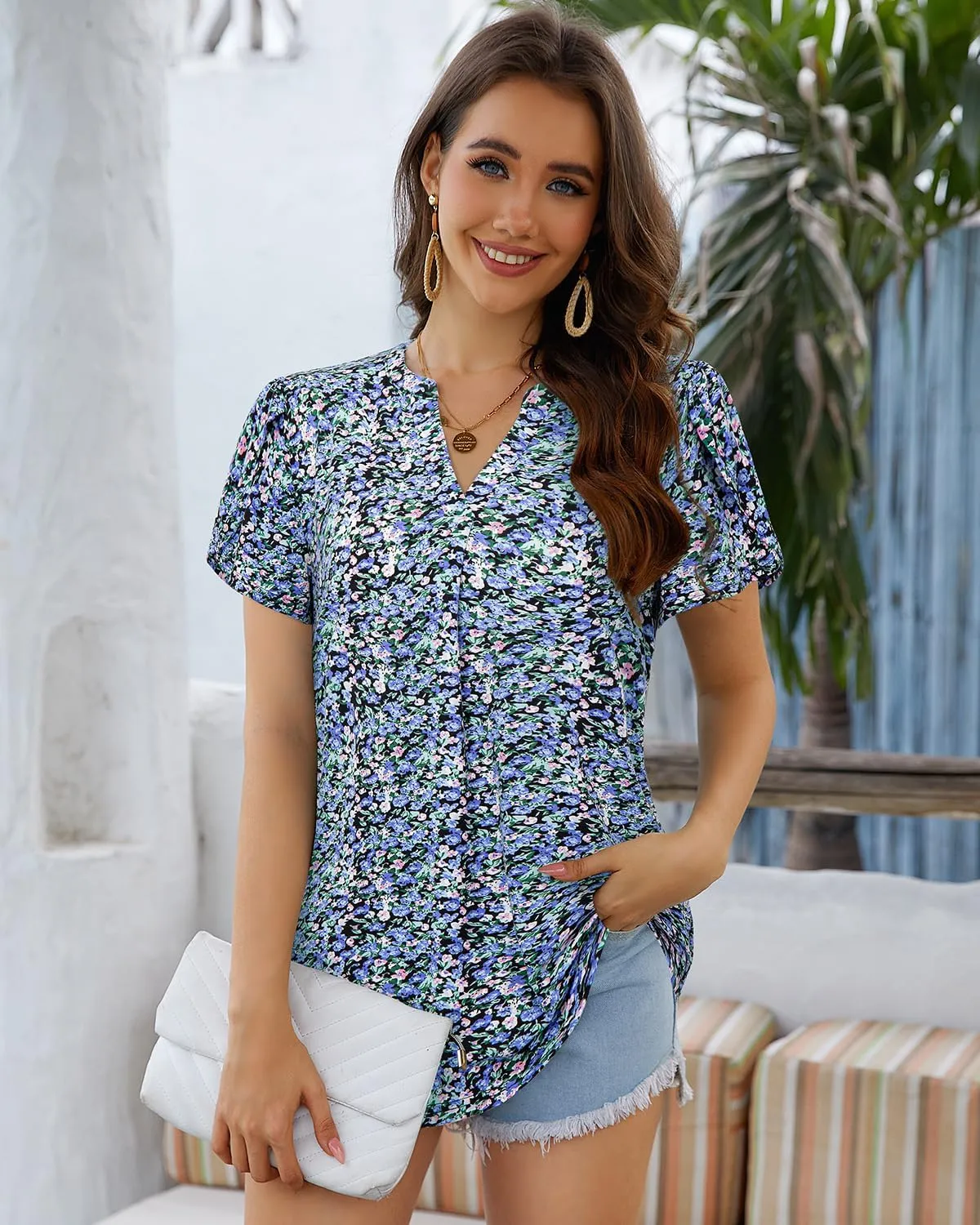 Bulotus Women Summer Casual Short Sleeve T-shirts V Neck Tops Short Sleeve Loose Fit Tunic Blouses
