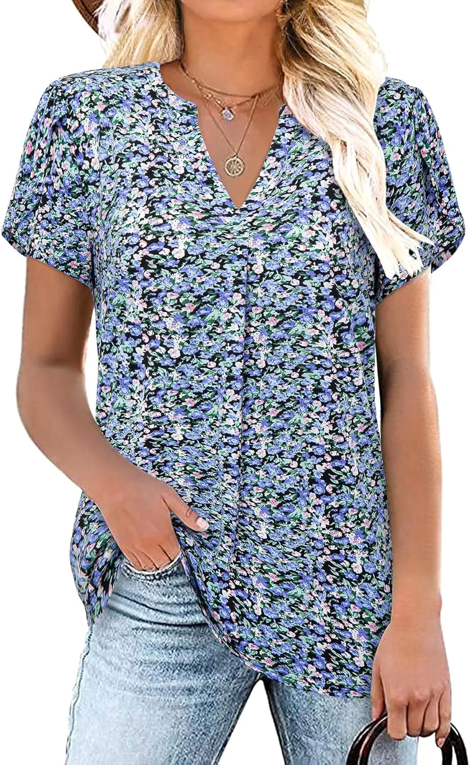 Bulotus Women Summer Casual Short Sleeve T-shirts V Neck Tops Short Sleeve Loose Fit Tunic Blouses