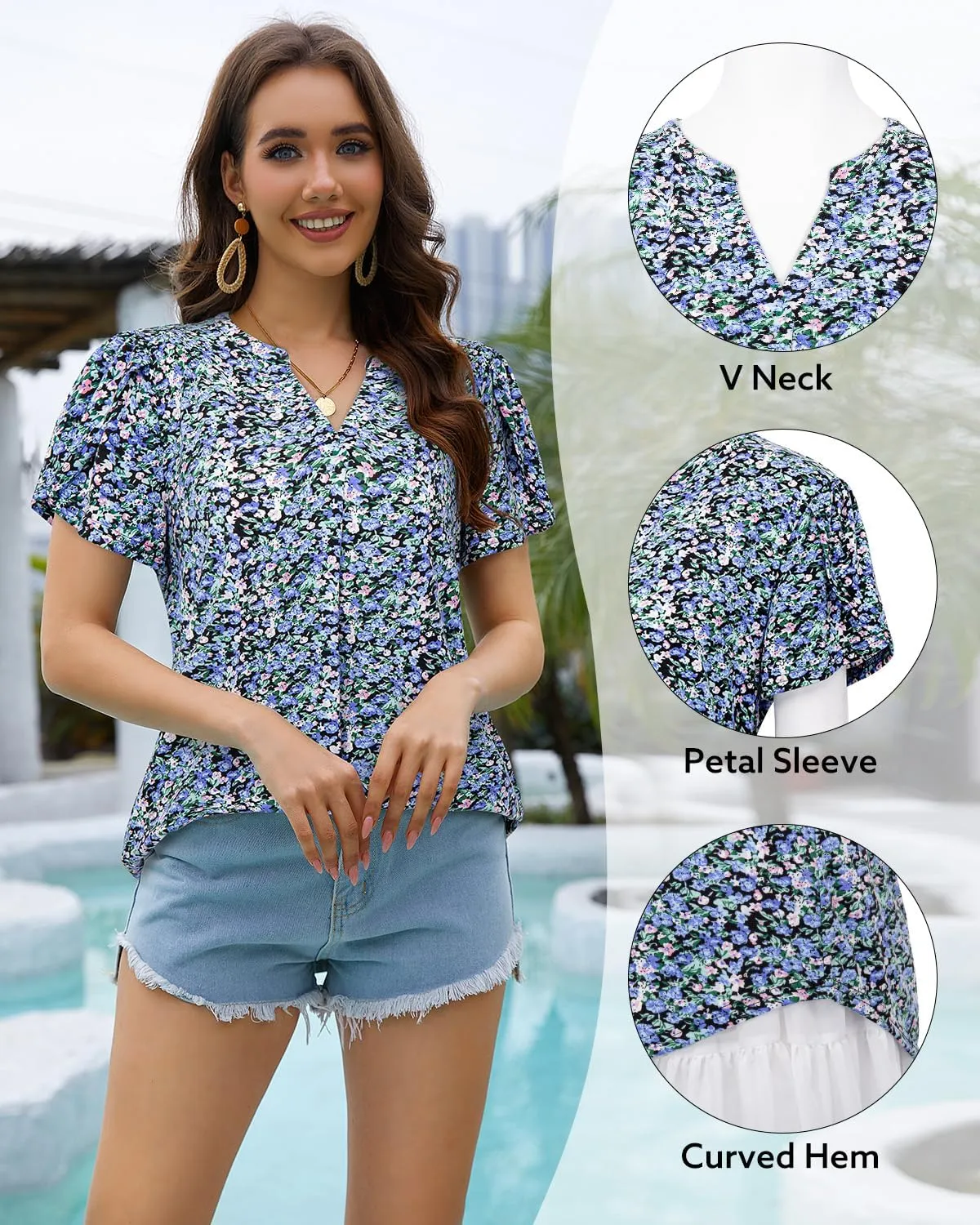 Bulotus Women Summer Casual Short Sleeve T-shirts V Neck Tops Short Sleeve Loose Fit Tunic Blouses