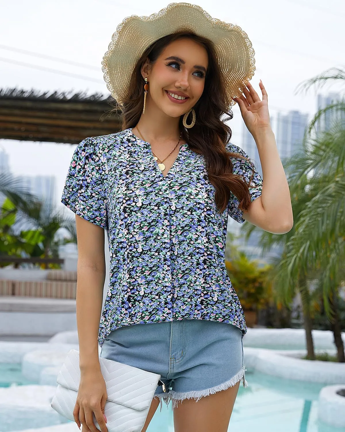Bulotus Women Summer Casual Short Sleeve T-shirts V Neck Tops Short Sleeve Loose Fit Tunic Blouses