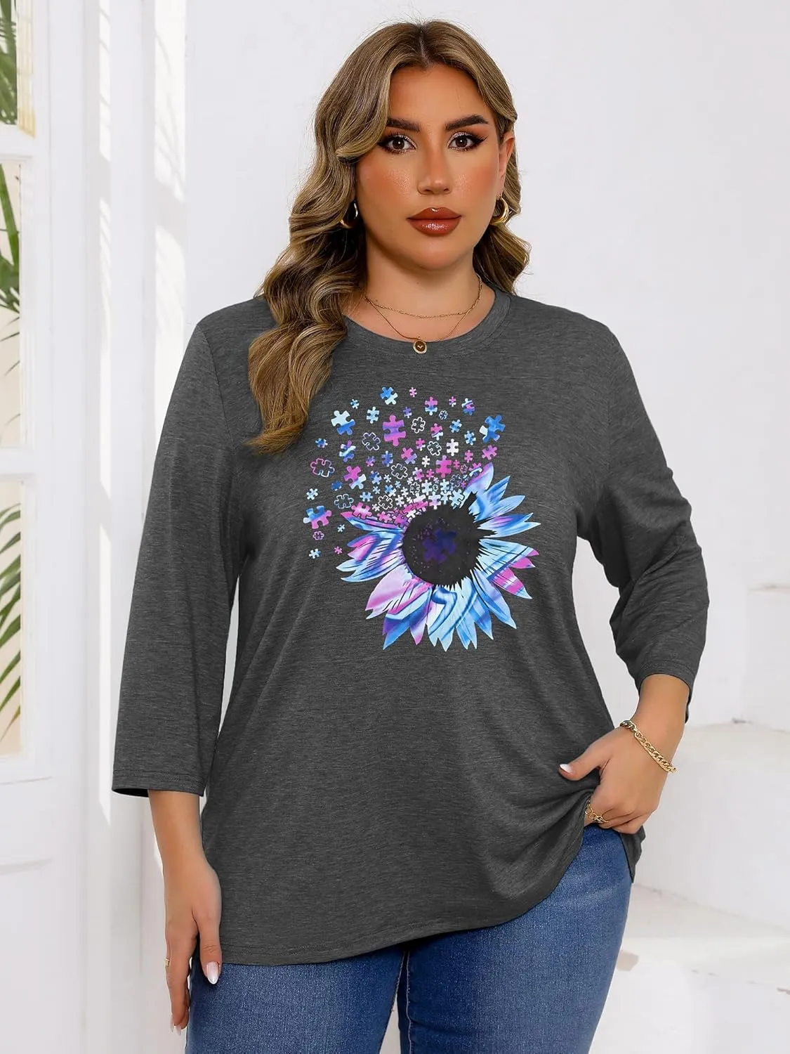 Chulianyouhuo Plus Size Tops for Women Cute Graphic Tees 3/4 Sleeve Flower Print Loose Fit Summer Casual T Shirts