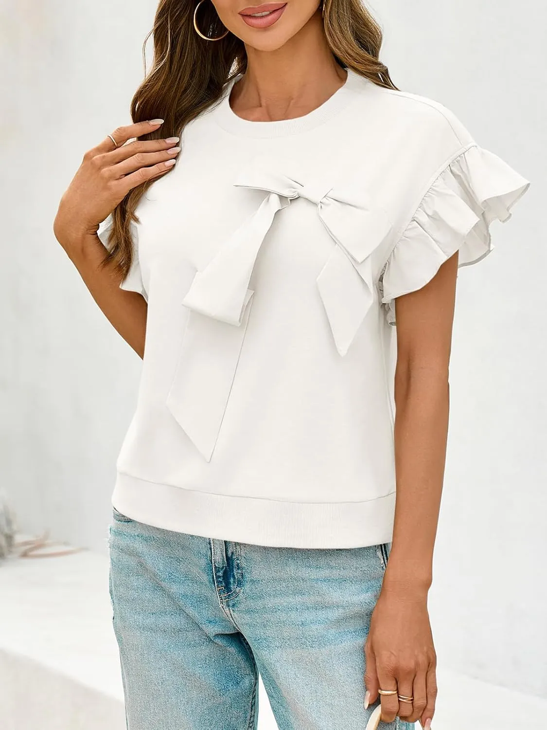 Cicy Bell Womens Ruffle Sleeve T Shirts Summer Casual Bow Tops Loose Fit Crew Neck Tees