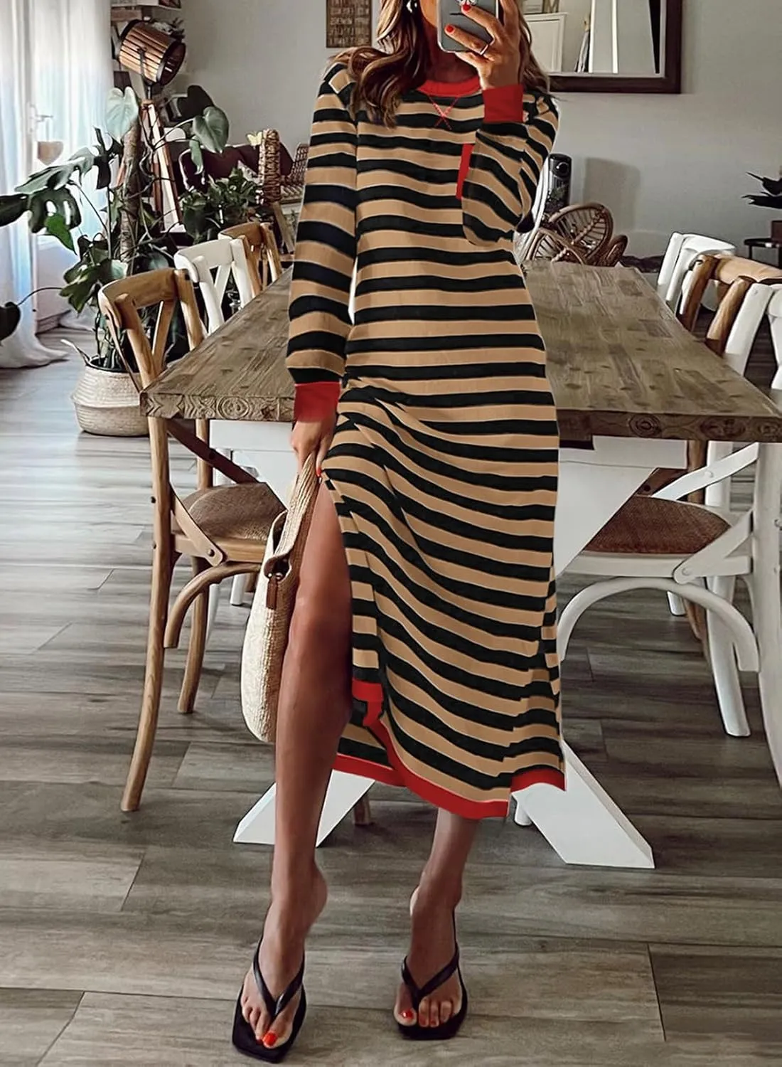 Dokotoo Fall Dresses for Women 2024 Striped Color Block Long Sleeve Crewneck Side Splits Casual Loose Long Maxi Dress