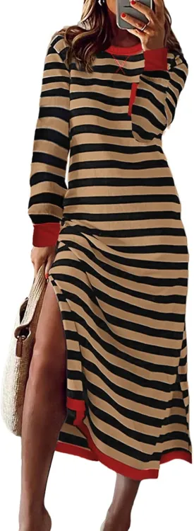 Dokotoo Fall Dresses for Women 2024 Striped Color Block Long Sleeve Crewneck Side Splits Casual Loose Long Maxi Dress