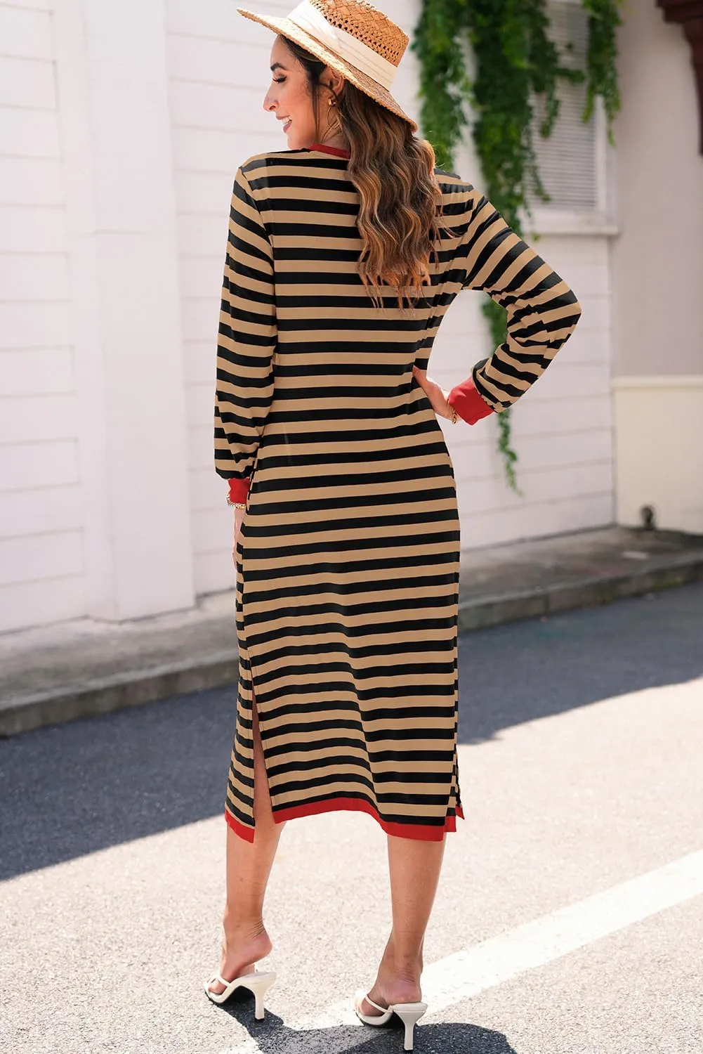 Dokotoo Fall Dresses for Women 2024 Striped Color Block Long Sleeve Crewneck Side Splits Casual Loose Long Maxi Dress