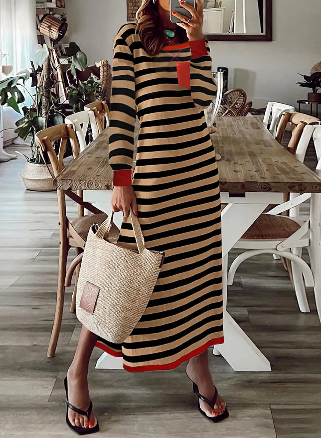Dokotoo Fall Dresses for Women 2024 Striped Color Block Long Sleeve Crewneck Side Splits Casual Loose Long Maxi Dress