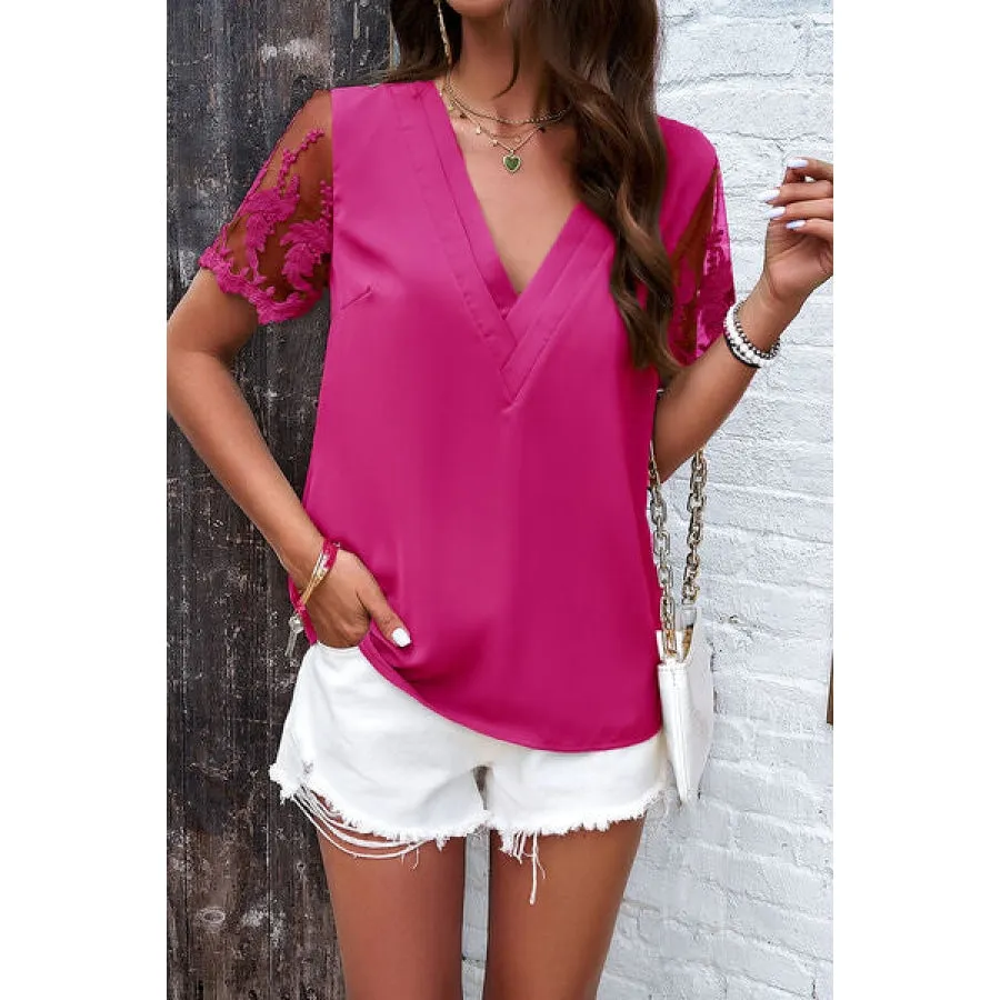 Embroidered V-Neck Short Sleeve T-Shirt