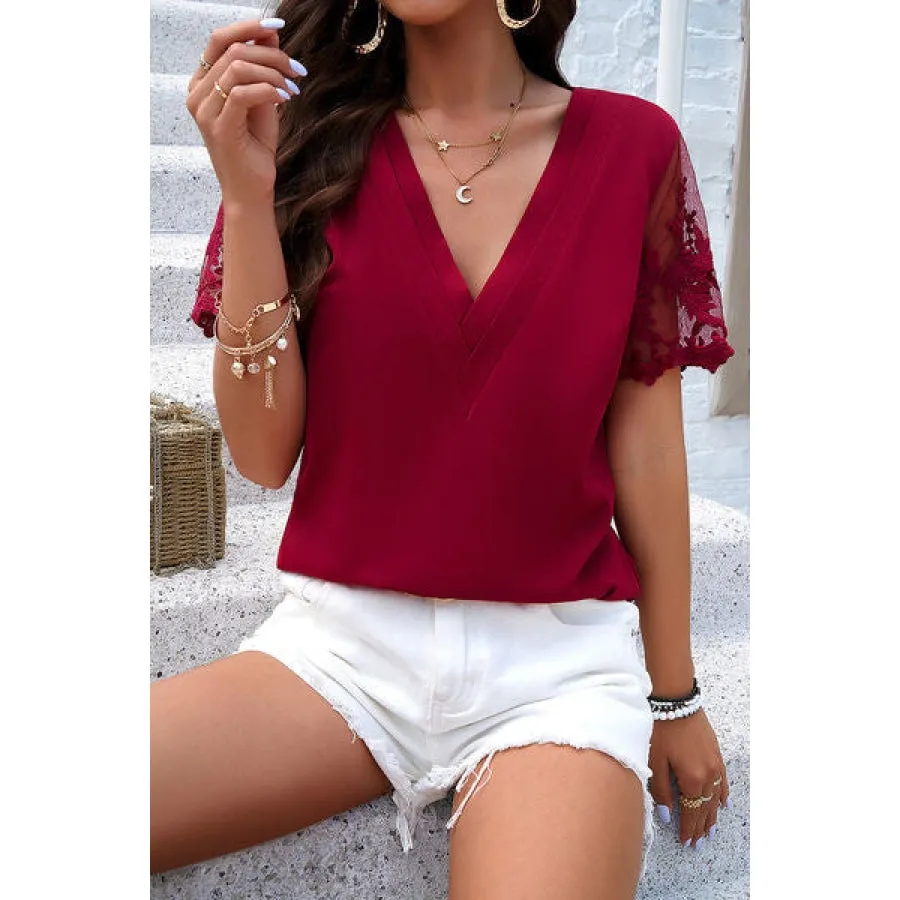 Embroidered V-Neck Short Sleeve T-Shirt