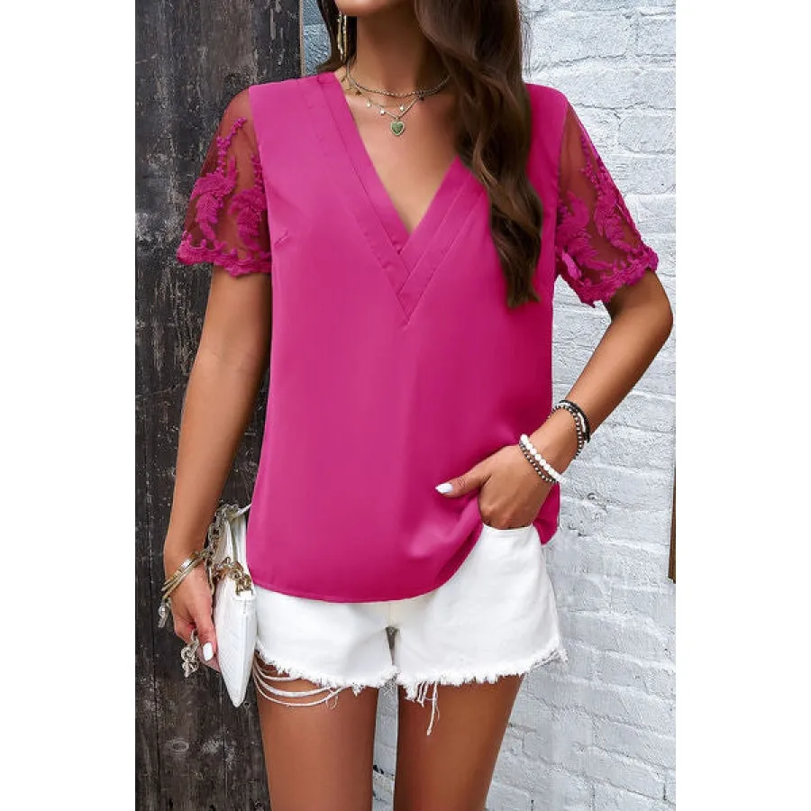 Embroidered V-Neck Short Sleeve T-Shirt