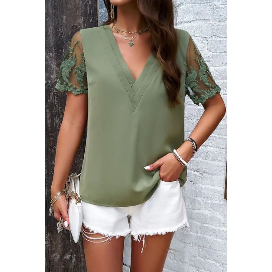 Embroidered V-Neck Short Sleeve T-Shirt