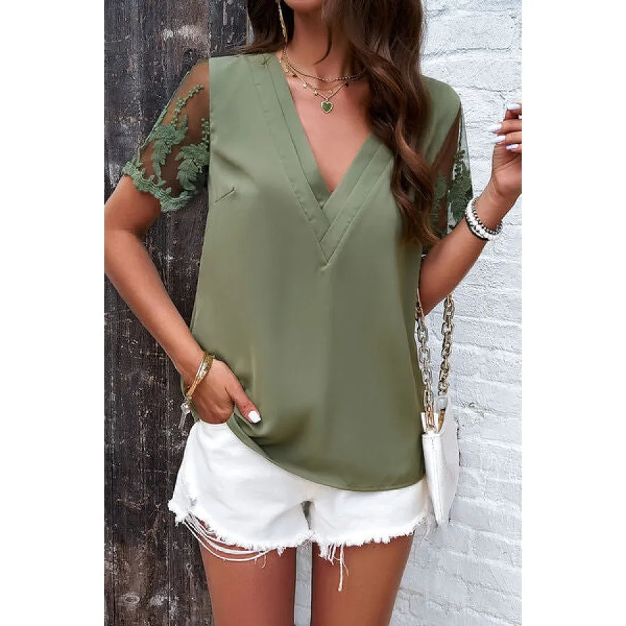 Embroidered V-Neck Short Sleeve T-Shirt