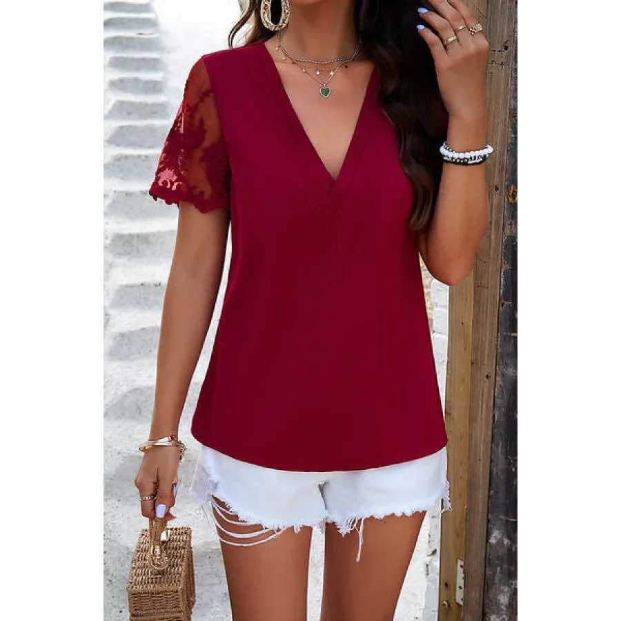 Embroidered V-Neck Short Sleeve T-Shirt