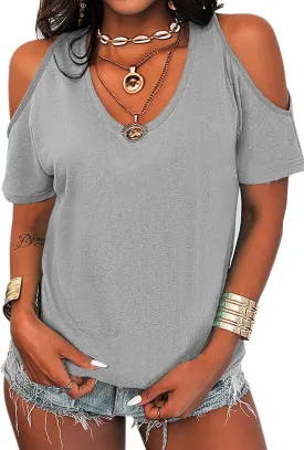 Eurivicy Women's Summer Cold Shoulder T-Shirt Casual Short Sleeve V Neck Blouse Top
