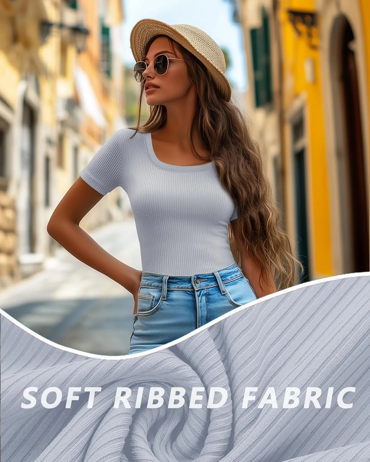 Ficerd 3 Pack Women's Short Sleeve Scooped Neck T Shirts Tops Basic Ribbed Knit Tee Slim Fit Solid Color Shirt