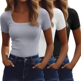 Ficerd 3 Pack Women's Short Sleeve Scooped Neck T Shirts Tops Basic Ribbed Knit Tee Slim Fit Solid Color Shirt