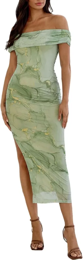 Floerns Women's Floral Print Off Shoulder Short Sleeve Ruched Bodycon Long Dress