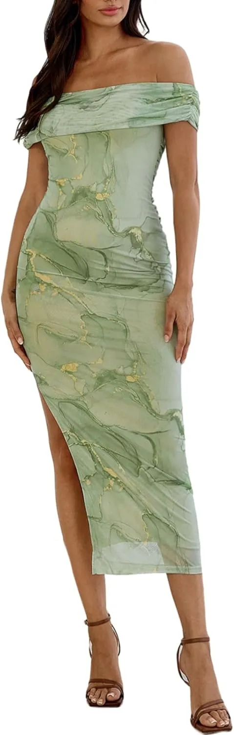 Floerns Women's Floral Print Off Shoulder Short Sleeve Ruched Bodycon Long Dress