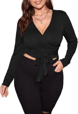Floerns Women's Plus Size V Neck Long Sleeve Wrap Knot Front T Shirt Crop Top