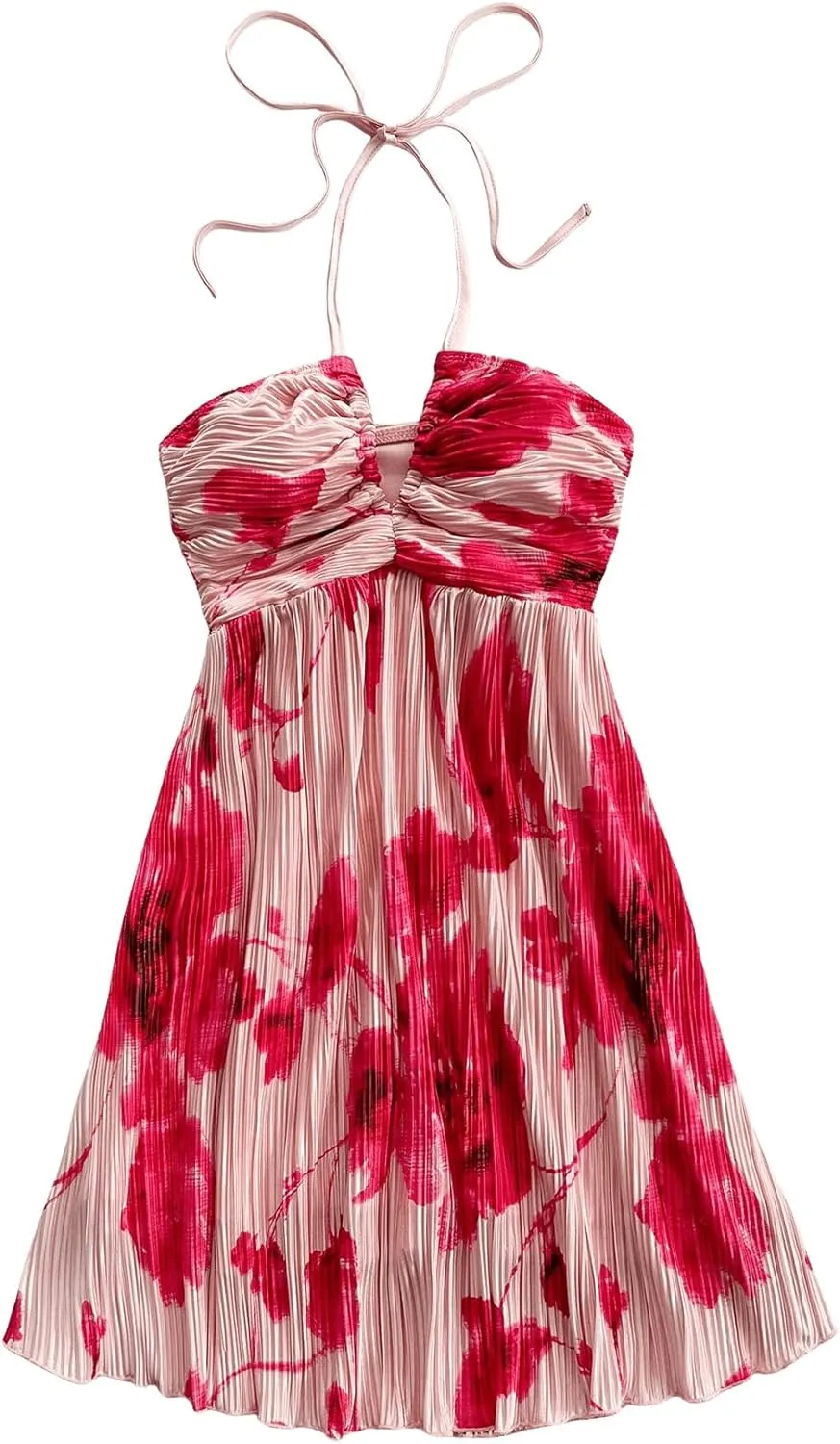 Floerns Women's Tie Dye Sleeveless Halter Dress Milkmaid Flare Hem Boho Dress
