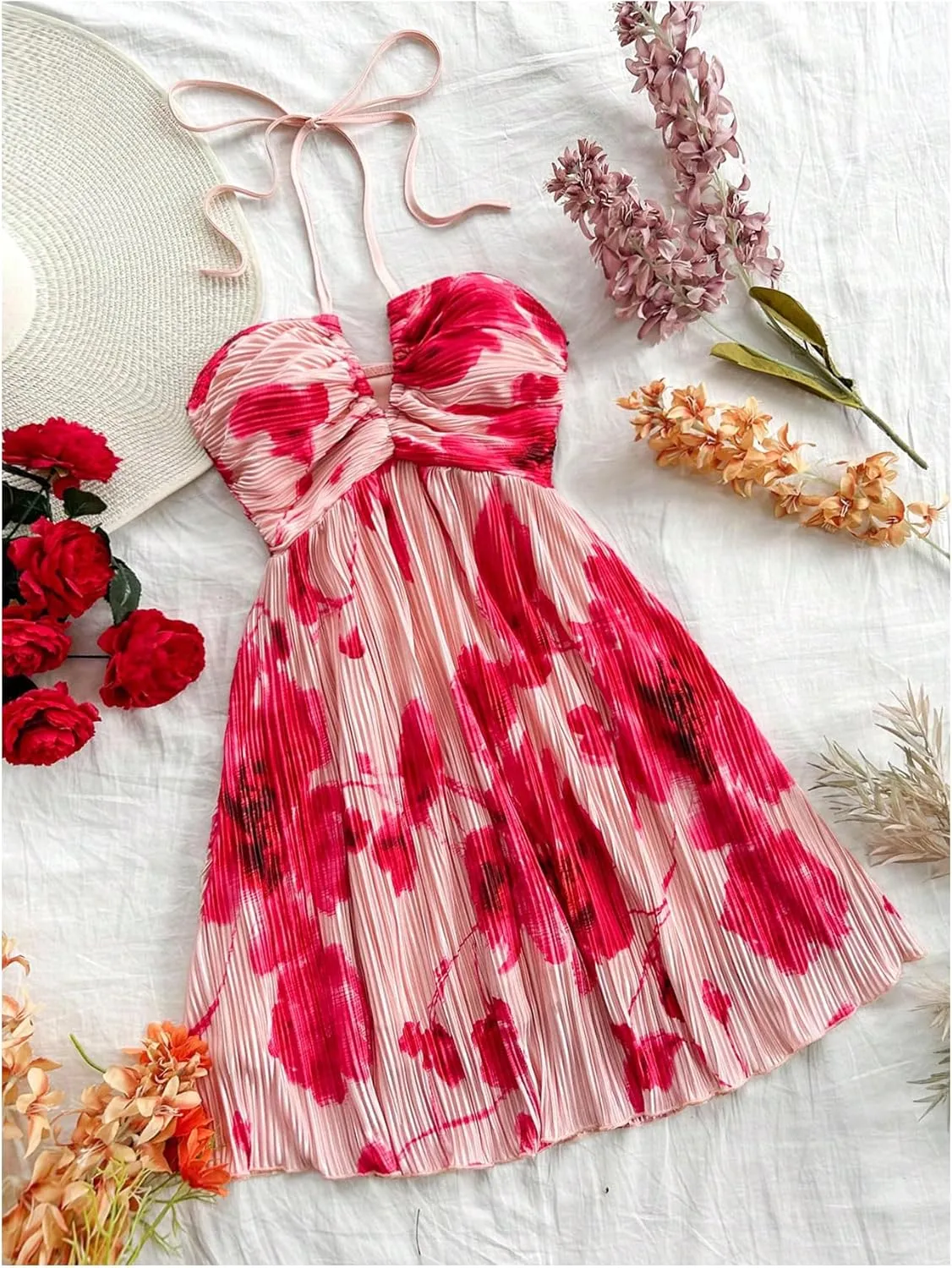 Floerns Women's Tie Dye Sleeveless Halter Dress Milkmaid Flare Hem Boho Dress