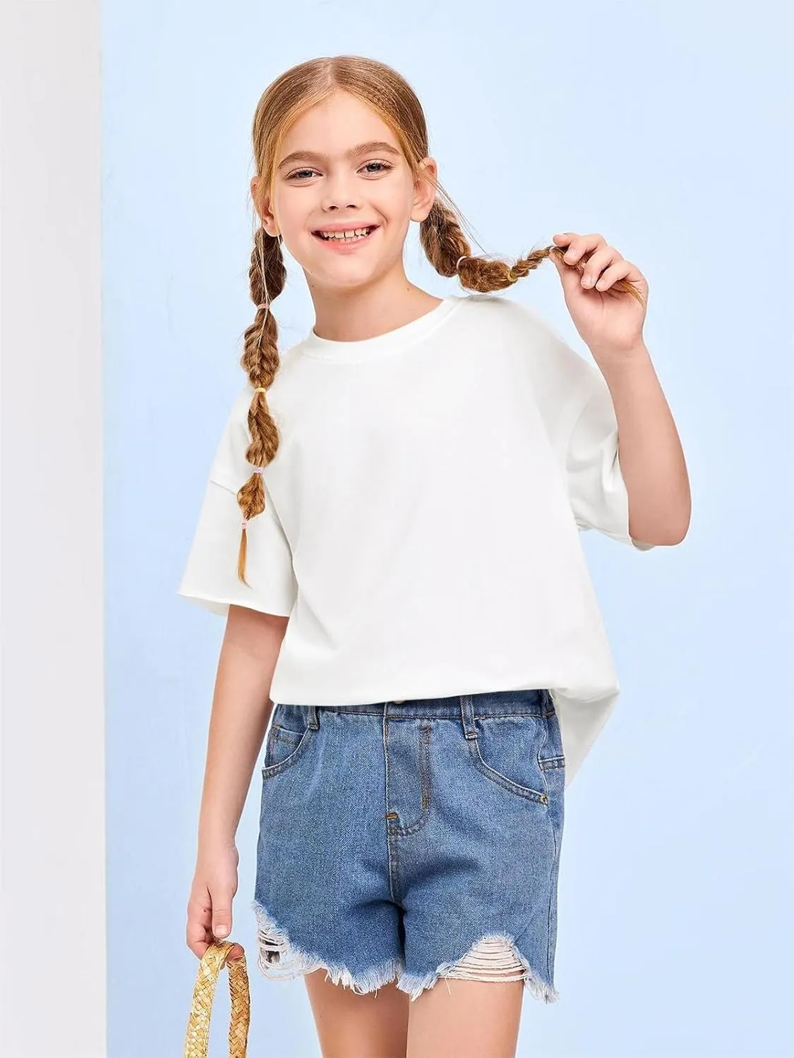 Girls Fashion Raw Hem Oversized T Shirts Summer Short Sleeve Tops Tees Shirt 5-14 Years