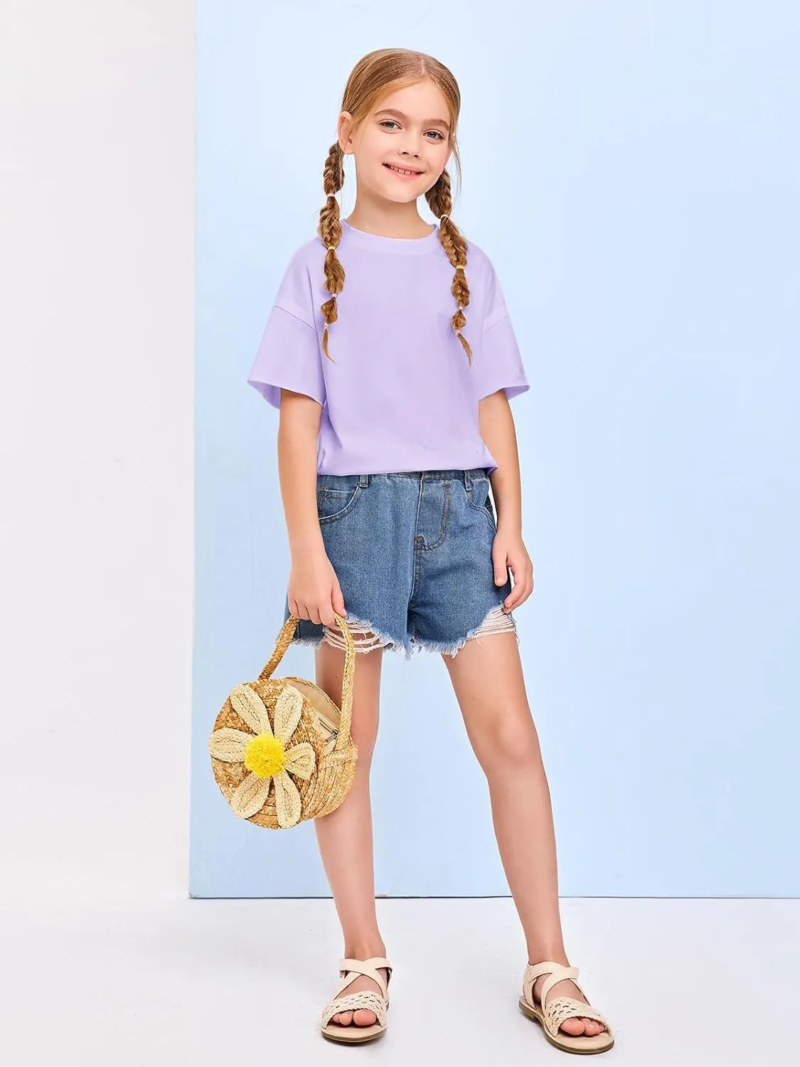 Girls Fashion Raw Hem Oversized T Shirts Summer Short Sleeve Tops Tees Shirt 5-14 Years
