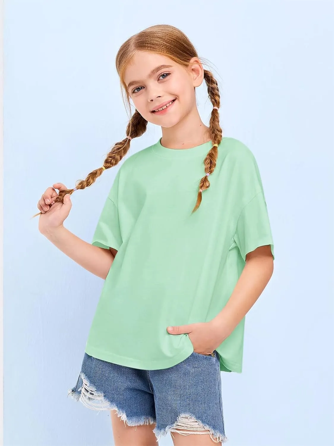 Girls Fashion Raw Hem Oversized T Shirts Summer Short Sleeve Tops Tees Shirt 5-14 Years
