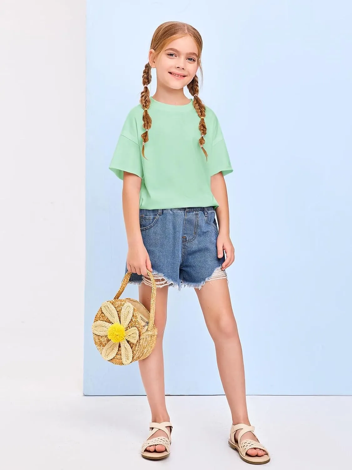 Girls Fashion Raw Hem Oversized T Shirts Summer Short Sleeve Tops Tees Shirt 5-14 Years