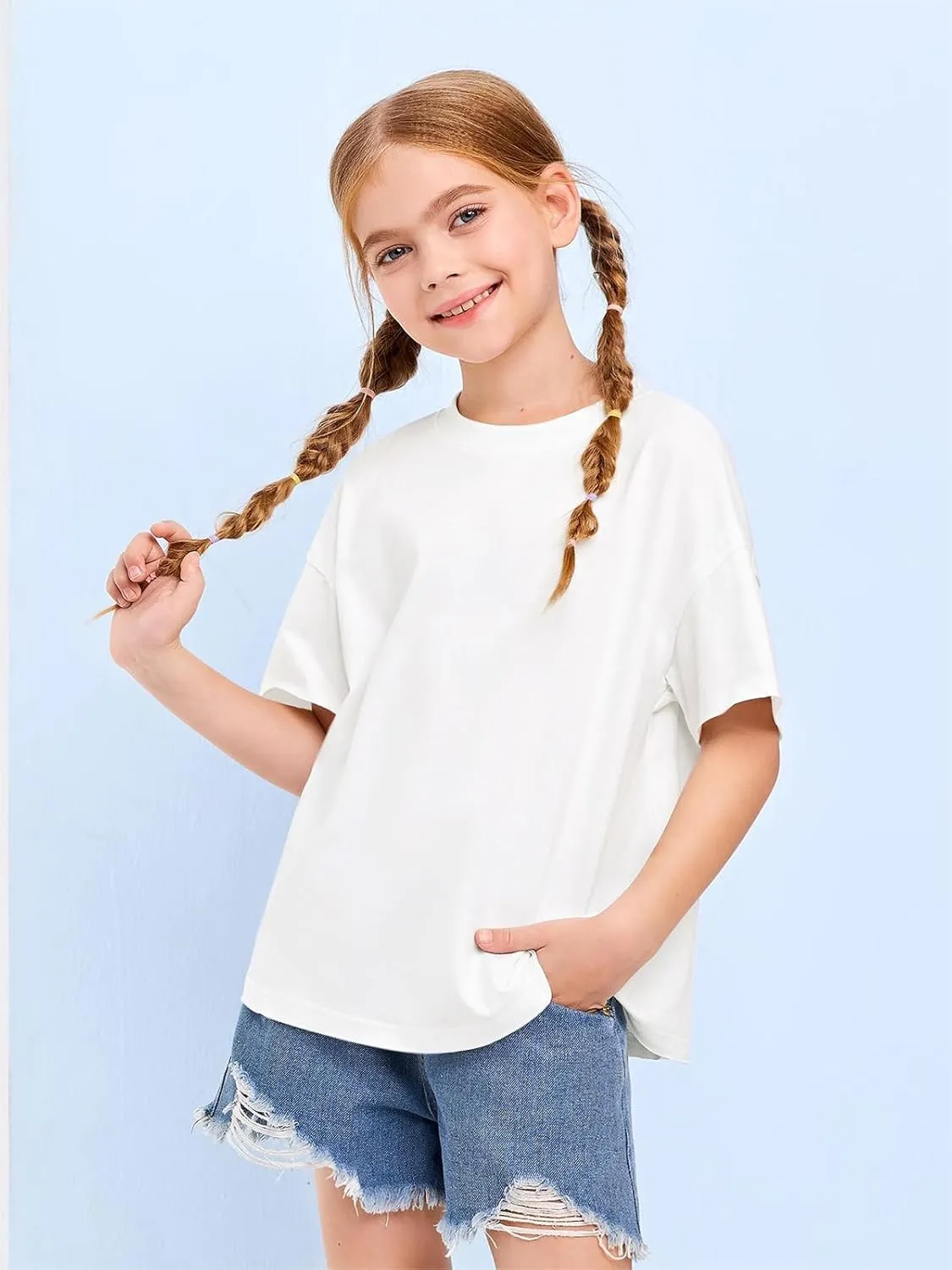 Girls Fashion Raw Hem Oversized T Shirts Summer Short Sleeve Tops Tees Shirt 5-14 Years