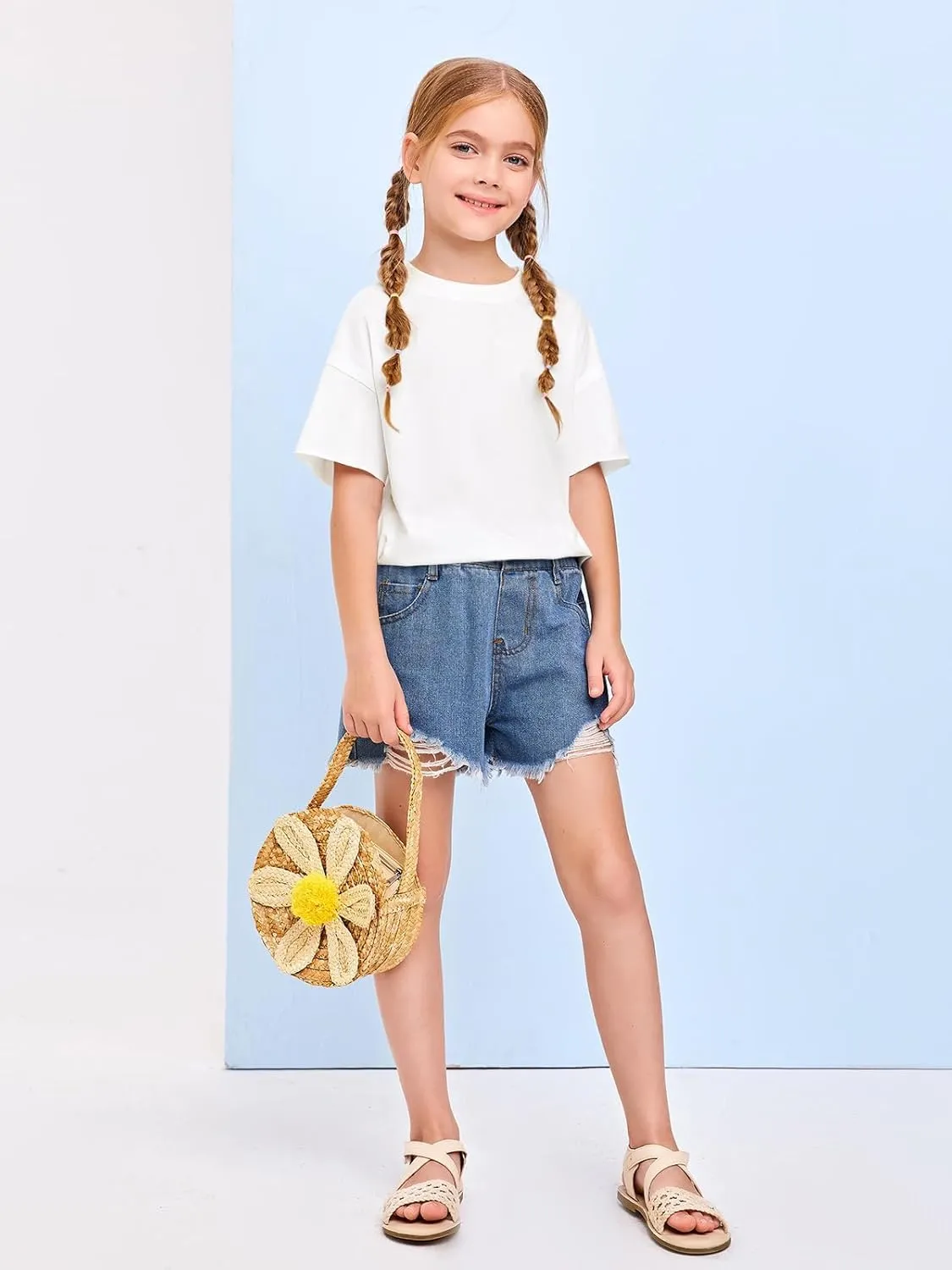 Girls Fashion Raw Hem Oversized T Shirts Summer Short Sleeve Tops Tees Shirt 5-14 Years