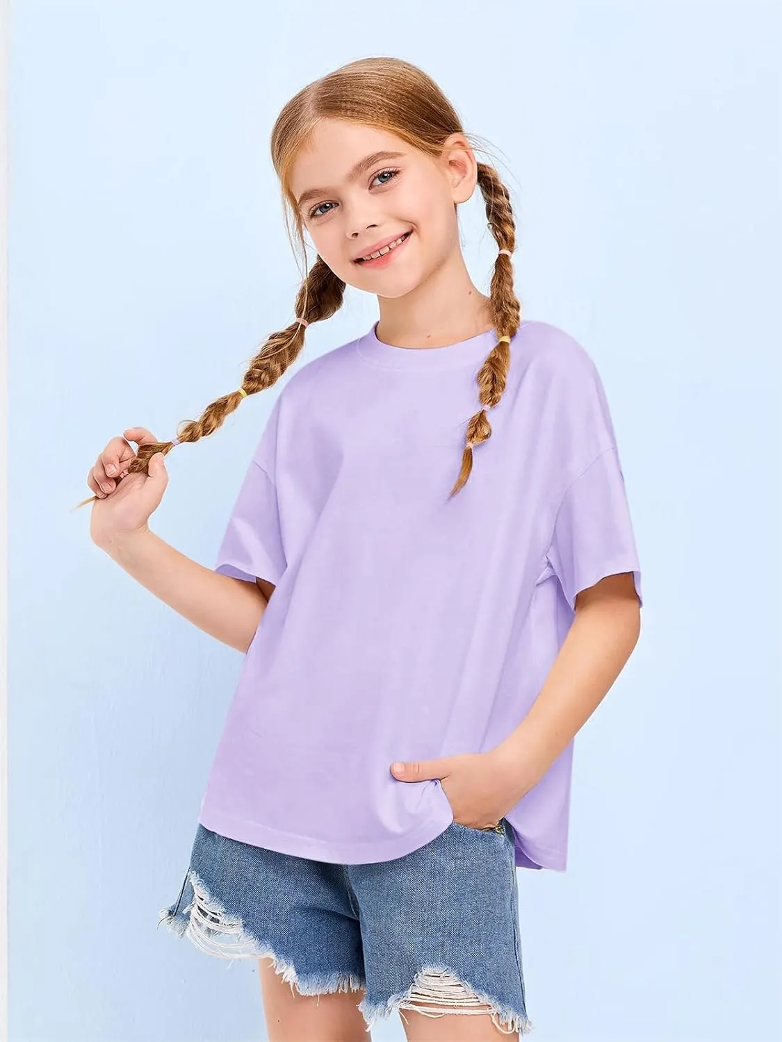 Girls Fashion Raw Hem Oversized T Shirts Summer Short Sleeve Tops Tees Shirt 5-14 Years