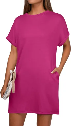 GRECERELLE Women's Summer Short Sleeve Tee Shirt Dress Crew Neck Casual Mini Sundress with Pockets