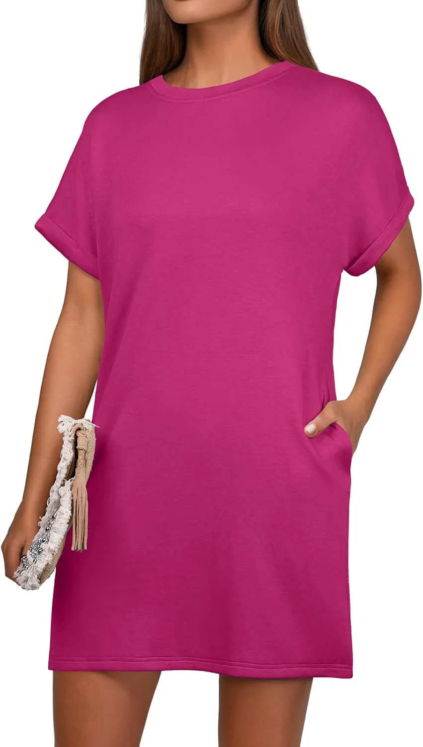 GRECERELLE Women's Summer Short Sleeve Tee Shirt Dress Crew Neck Casual Mini Sundress with Pockets