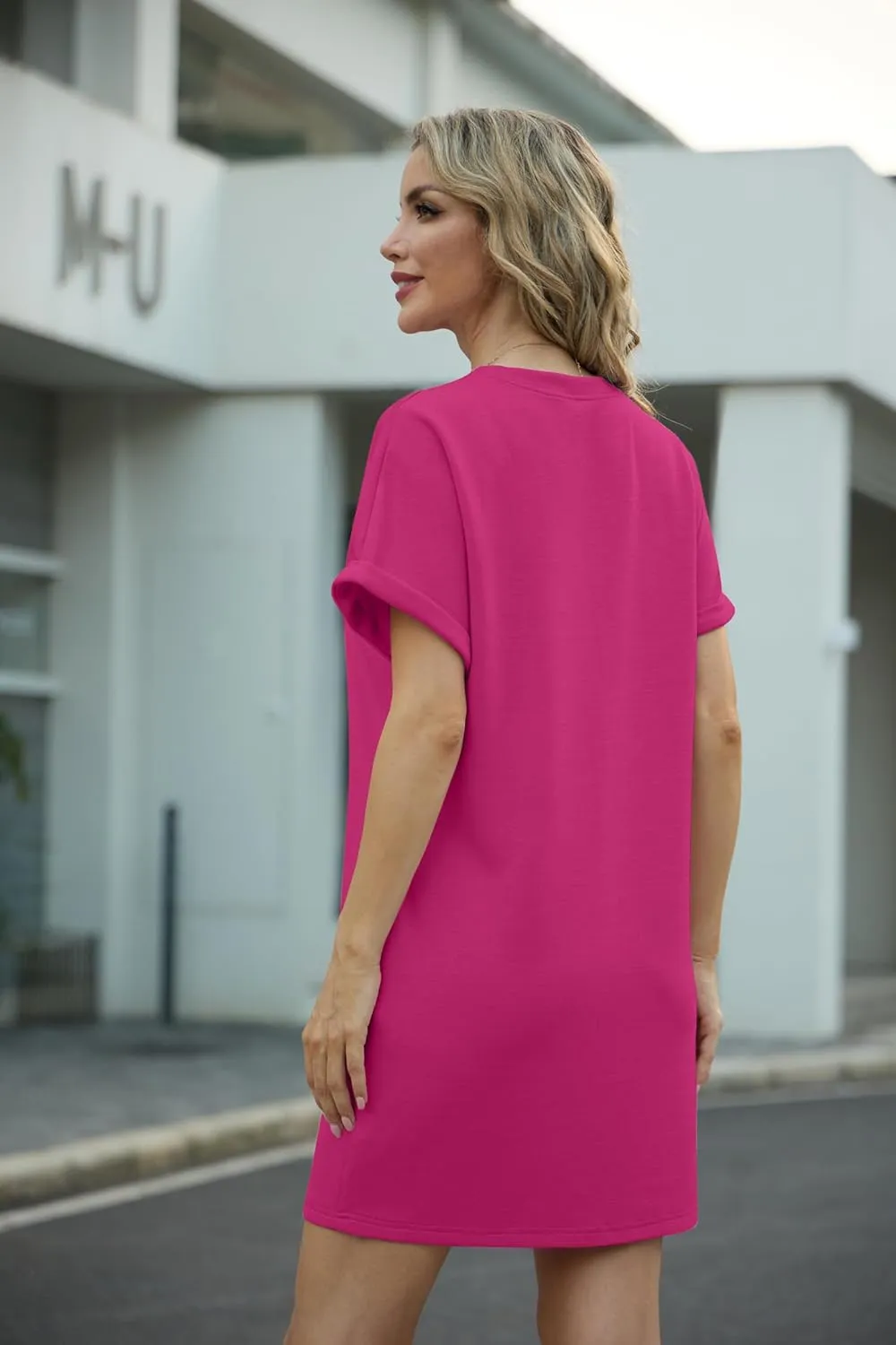 GRECERELLE Women's Summer Short Sleeve Tee Shirt Dress Crew Neck Casual Mini Sundress with Pockets