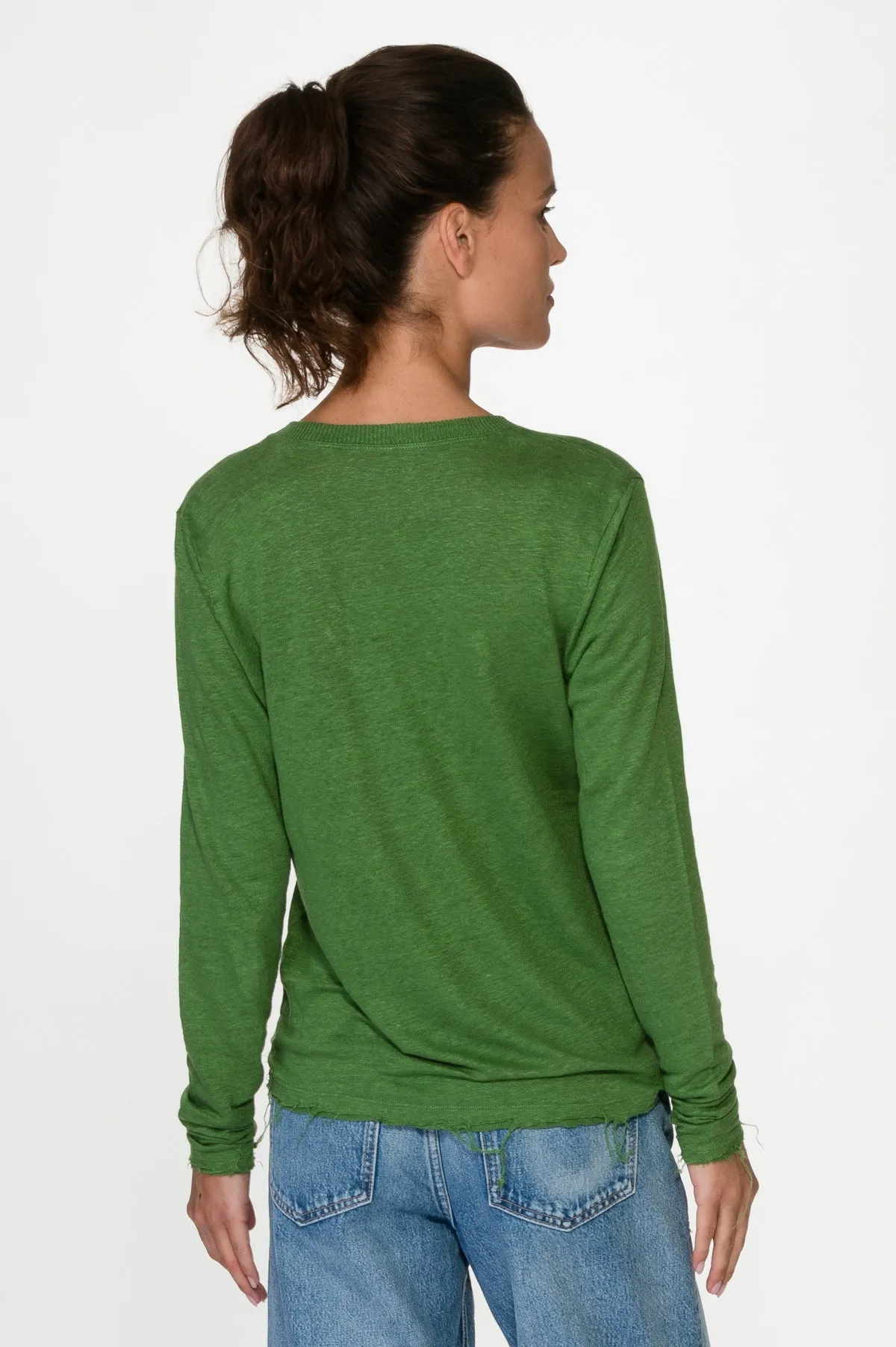 Green V Neck Linen Tee Long Sleeve