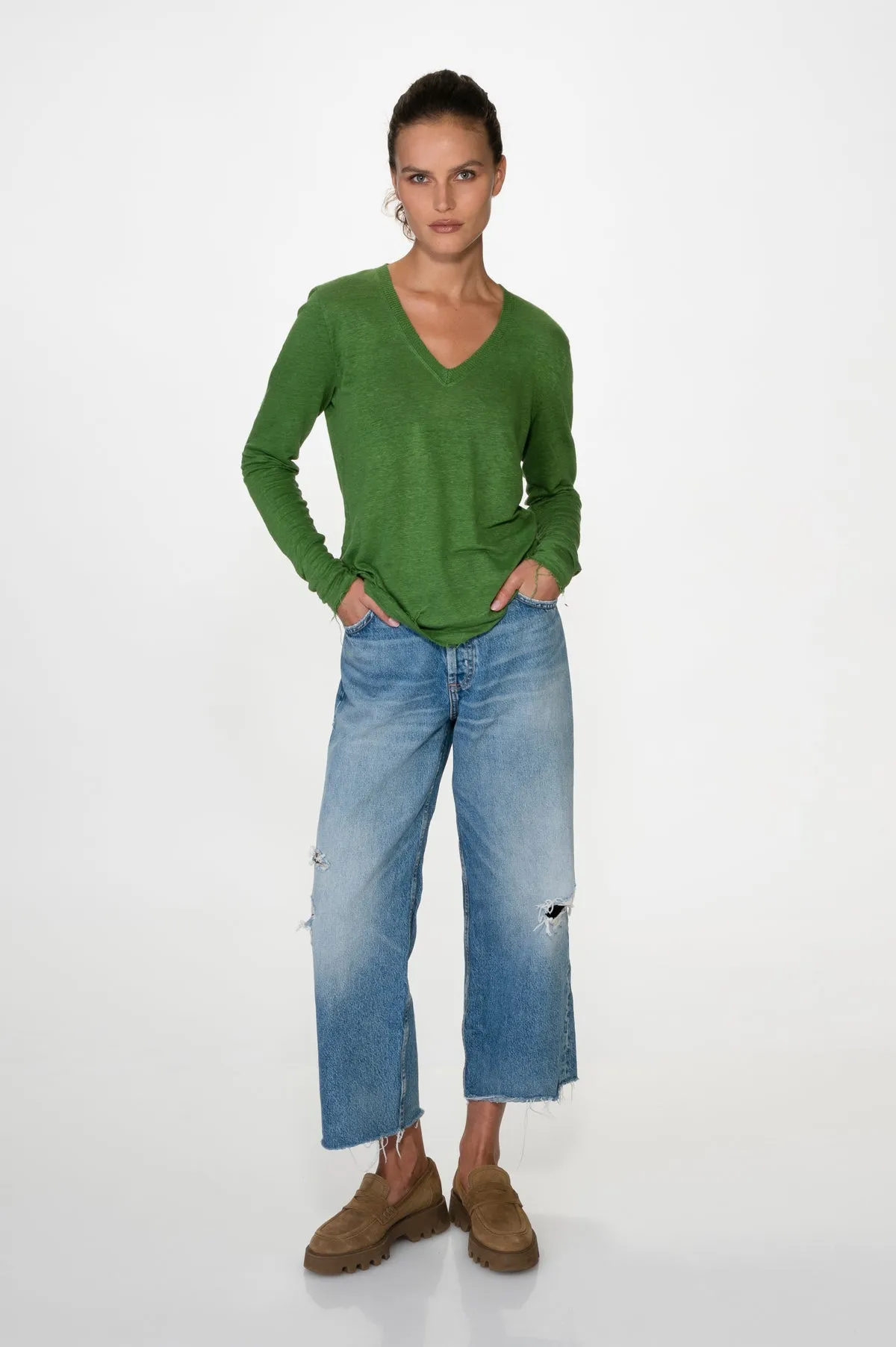 Green V Neck Linen Tee Long Sleeve