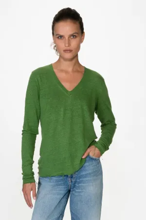 Green V Neck Linen Tee Long Sleeve