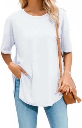 Halife Women's Oversized T Shirts Summer Crew Neck Short Sleeve T-Shirt Split Curved Hem Basic Casual Loose Tunic Tops Tshirt