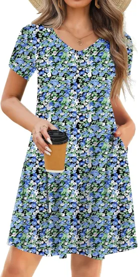 HOTOUCH Womens Summer Floral Beach V Neck Dresses Short Sleeve T Shirt Sundresses with Pockets 2025 Hawaiian Vacation