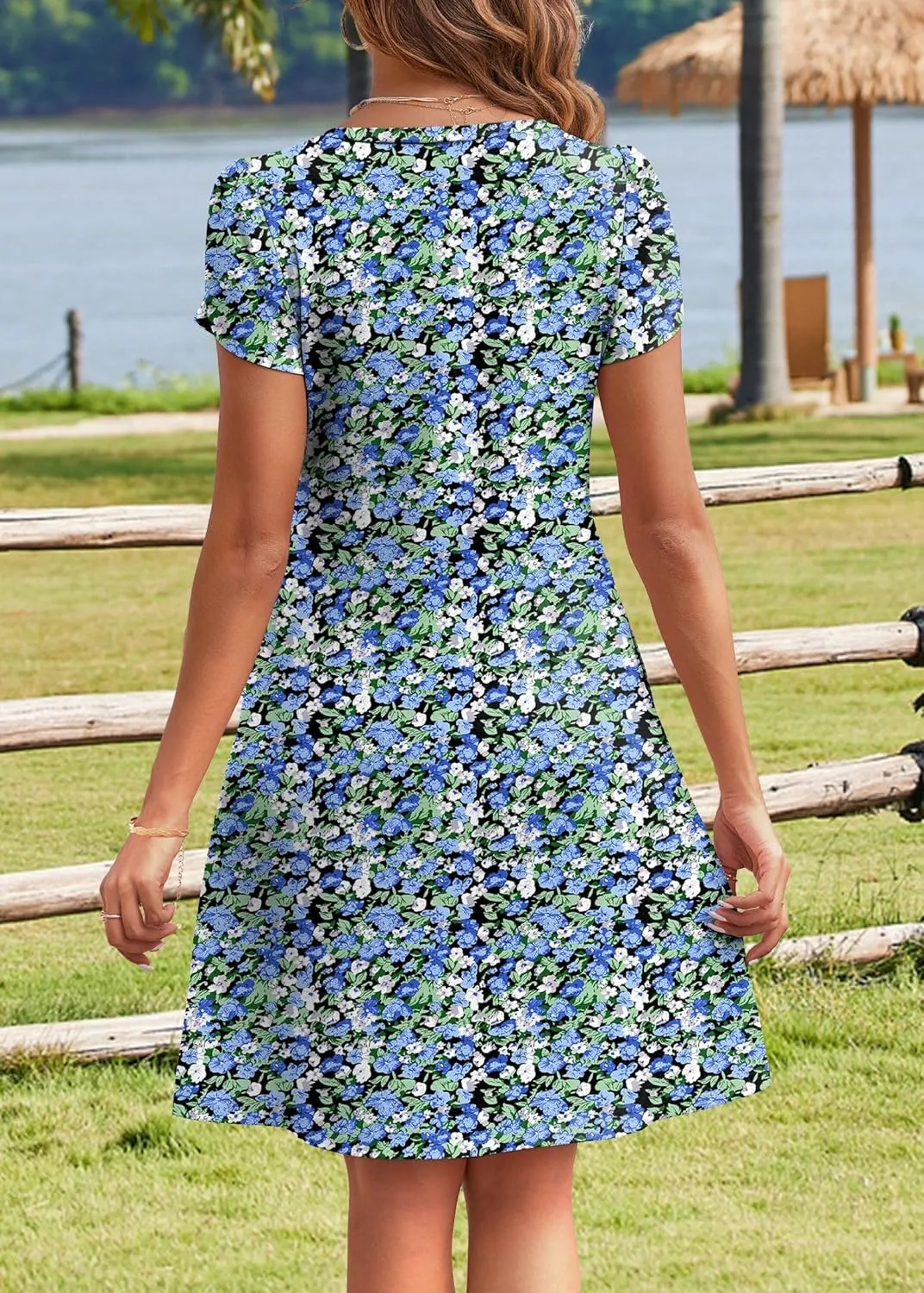 HOTOUCH Womens Summer Floral Beach V Neck Dresses Short Sleeve T Shirt Sundresses with Pockets 2025 Hawaiian Vacation