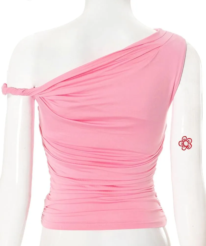 Lancifolium Trending Twist One Shoulder Y2k Asymmetrical Neck Sexy Tank Tops Women Double Lined Ruched Party Club Outfit