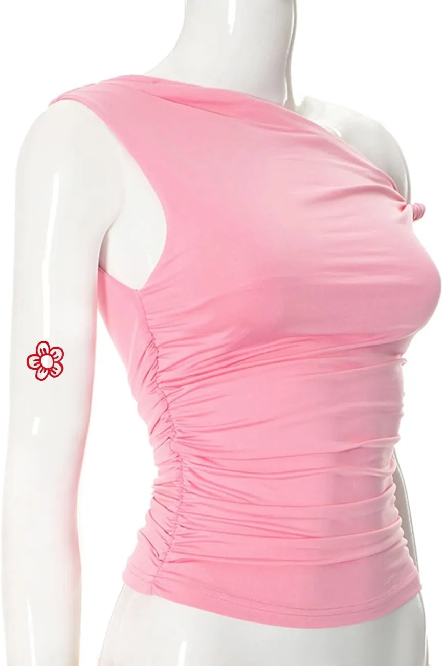Lancifolium Trending Twist One Shoulder Y2k Asymmetrical Neck Sexy Tank Tops Women Double Lined Ruched Party Club Outfit