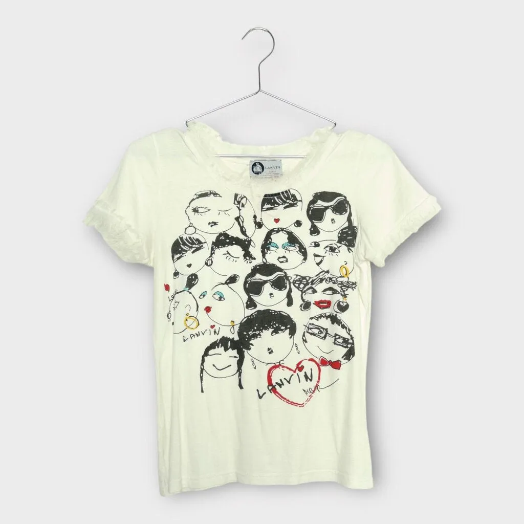 Lanvin White Face Print Sheer Raw Hem Tee