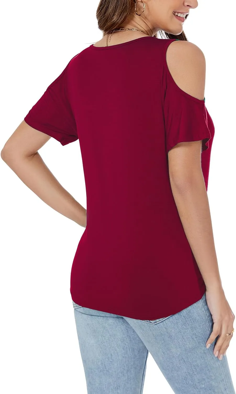 LEIYEE Womens Summer Cold Shoulder Tops Sexy Casual Short Sleeve V Neck Cute Front Knot Ruched Shirred T Shirt Blouse