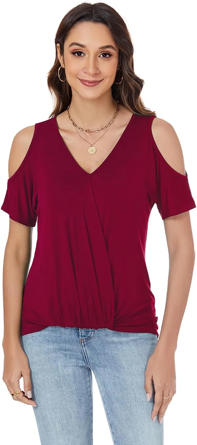 LEIYEE Womens Summer Cold Shoulder Tops Sexy Casual Short Sleeve V Neck Cute Front Knot Ruched Shirred T Shirt Blouse