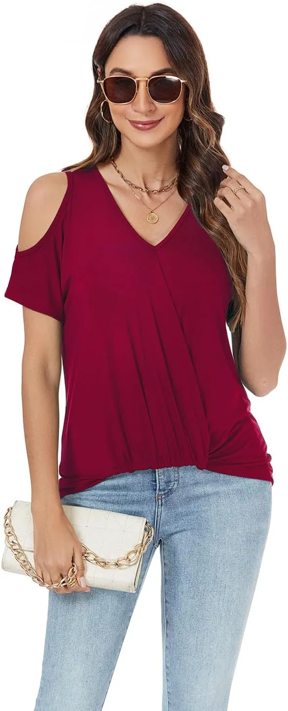 LEIYEE Womens Summer Cold Shoulder Tops Sexy Casual Short Sleeve V Neck Cute Front Knot Ruched Shirred T Shirt Blouse