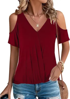 LEIYEE Womens Summer Cold Shoulder Tops Sexy Casual Short Sleeve V Neck Cute Front Knot Ruched Shirred T Shirt Blouse