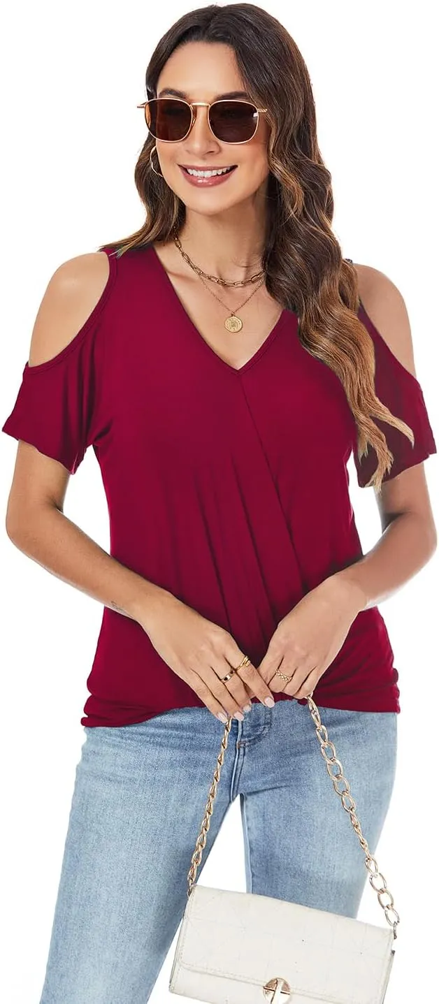 LEIYEE Womens Summer Cold Shoulder Tops Sexy Casual Short Sleeve V Neck Cute Front Knot Ruched Shirred T Shirt Blouse