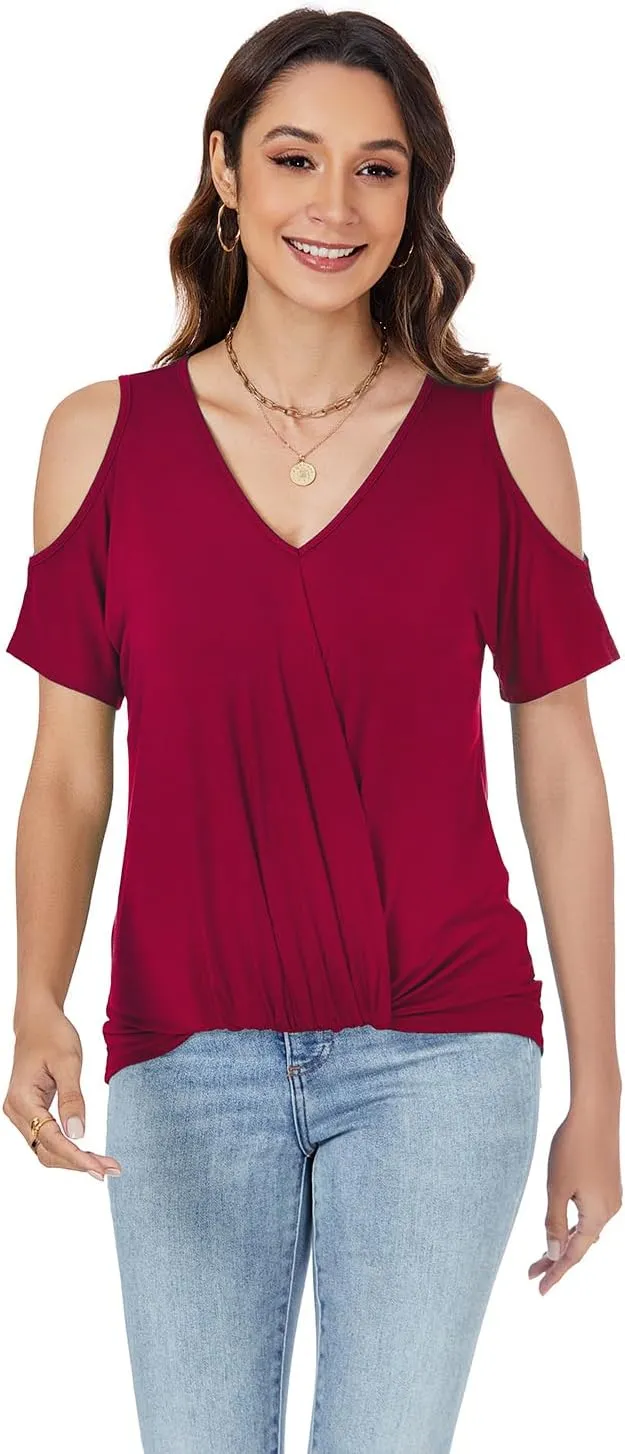 LEIYEE Womens Summer Cold Shoulder Tops Sexy Casual Short Sleeve V Neck Cute Front Knot Ruched Shirred T Shirt Blouse